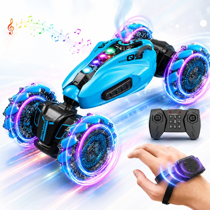Giftry® Távirányítós Autó, RC Stunt Car 4WD, Gesztusvezérlés, 2.4 GHz, Drift Minden Irányba, 360°-os Forgás, Permetezés, LED Fények, Zene, Off-Road, Kék