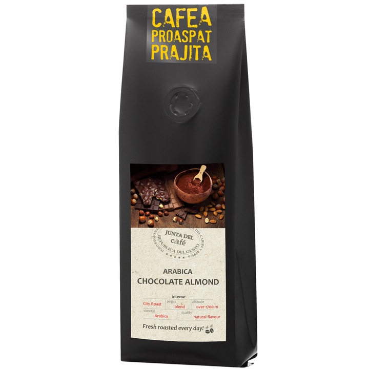 JUNTA DEL CAFÉ pörkölt kávé, 250 g, természetes ízesítésű csokoládé és mandula, 100% Arabica, bab