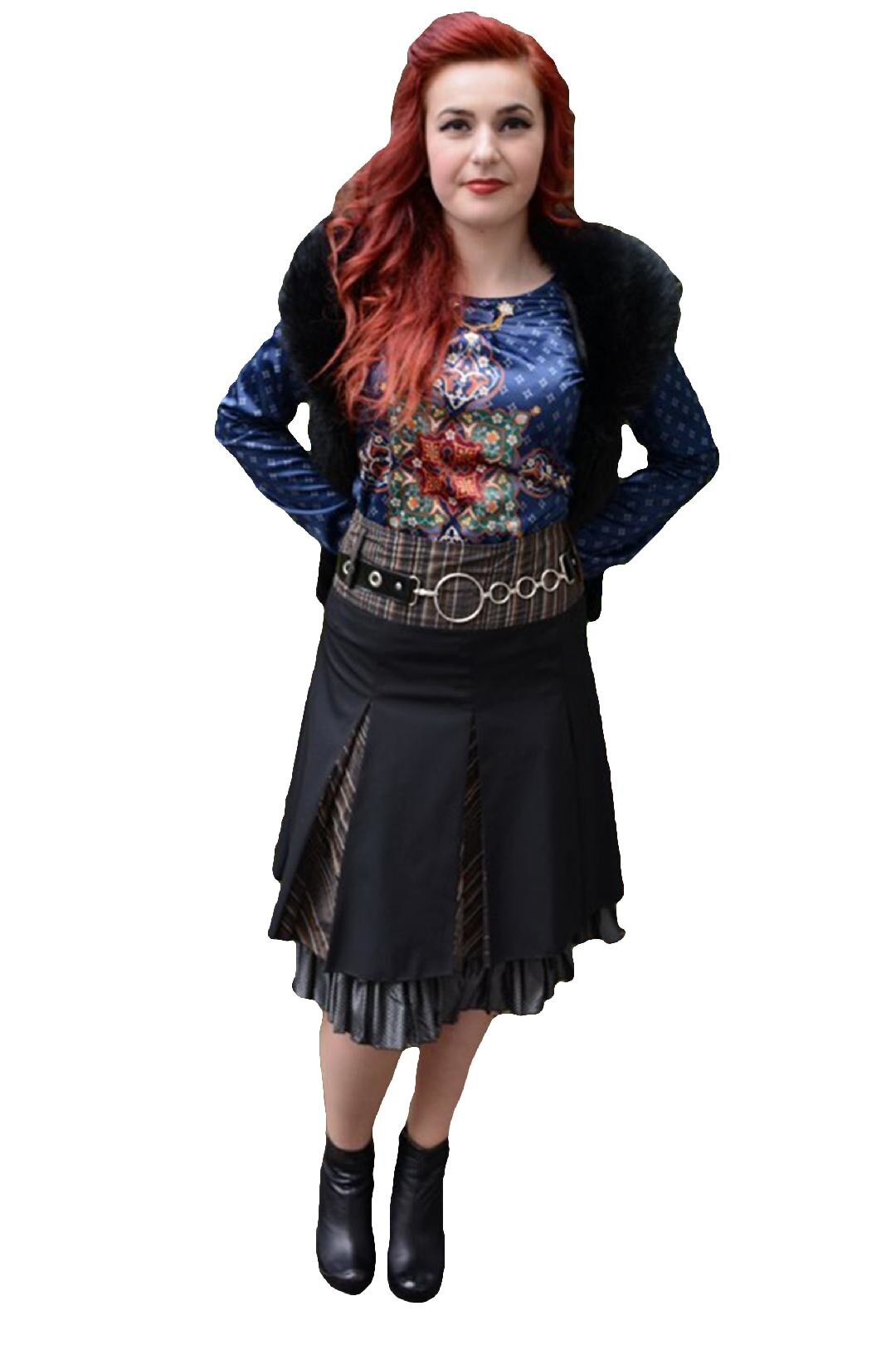 Fusta originala, moderna, design cu pliseuri mari, D&J Exclusive, Maro, 38