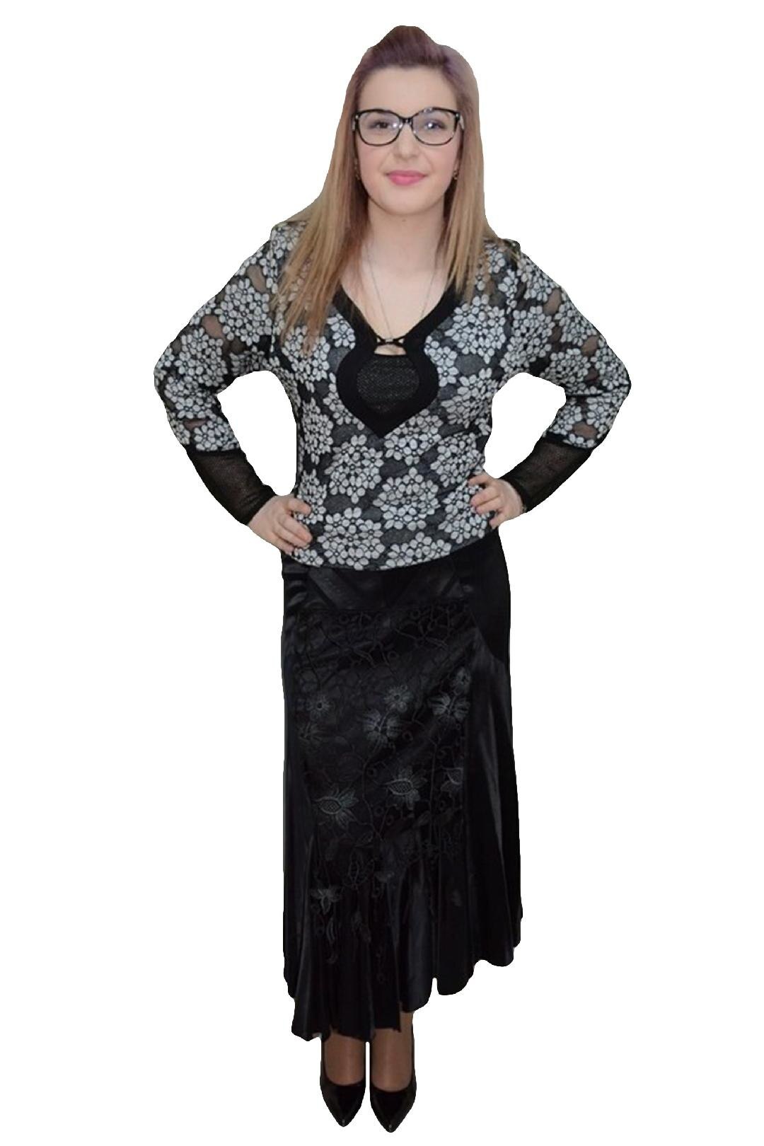 Fusta in tendinte, design floral evidentiat, D&J Exclusive, Negru