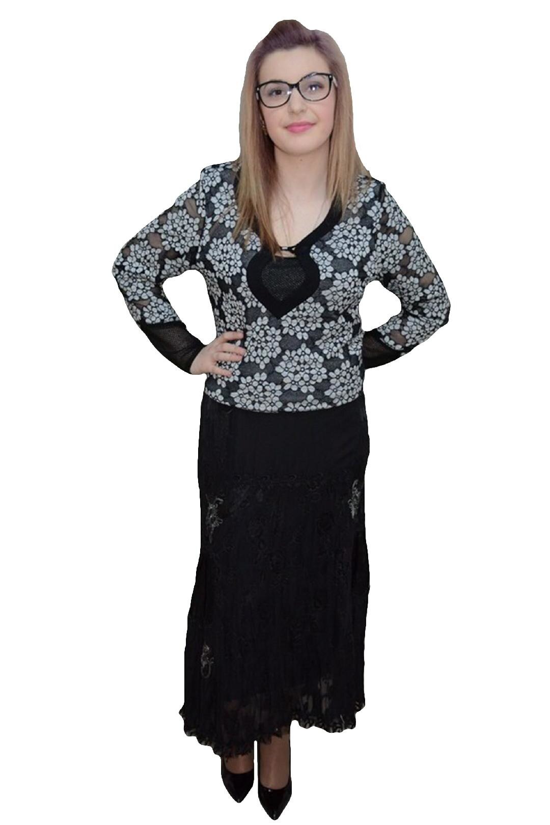 Fusta deosebita,design de insertii florale si voal fin,D&J Exclusive, Negru