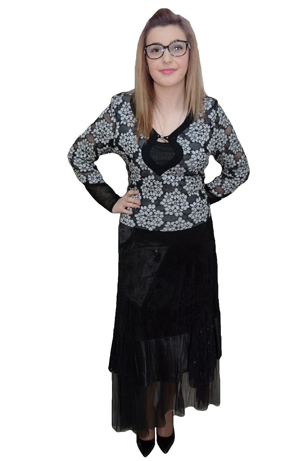 Fusta cu design fin cu motive florale si voal rafinat, D&J Exclusive, Negru