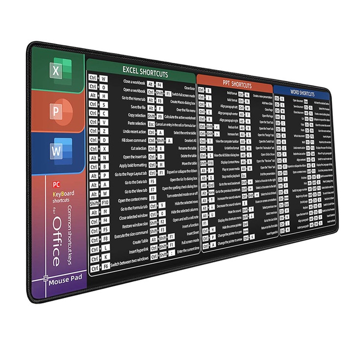 MousePad KINSI, Shortcuts In Limba Engleza, cu Scurtaturi si Formule Excel, Cauciuc, Impermeabil, Antiderapant, 80x30cm, Gaming & Birou