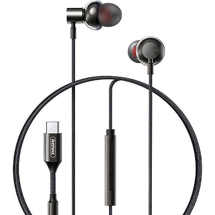 Casti in-ear Remax RM-730A, driver 12 mm, carcasa din aluminiu, cablu metalic impletit, telecomanda 3 butoane cu microfon, conector USB-C, negru