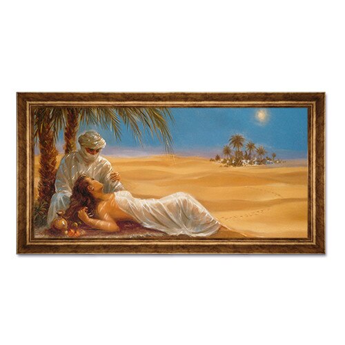 Tablou Inramat - Romantic, Iubire, Femeie, Peisaj, Palmieri, Desert, Arabi, Rama Auriu 50 x 100 cm