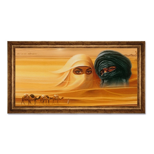 Tablou Inramat - Peisaj, Desert, Sahara, Soare, Arabi, Cuplu, Femeie, Iubire, Camila, Rama Auriu, 50 x 100 cm
