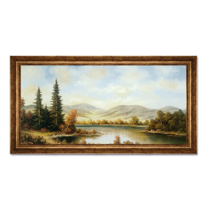 Tablou Inramat - Natura, Peisaj, Rau, Dealuri, Munti, Copaci, Brad, Padure, Toamna, Liniste, Rama Auriu, 50 x 100 cm
