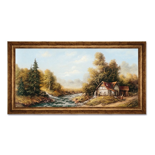 Tablou Inramat - Natura, Peisaj, Rau, Copaci, Brad, Padure, Ferma, Pescar, Toamna, Liniste, Rama Auriu, 50 x 100 cm