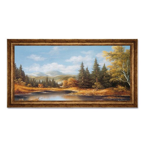 Tablou Inramat - Natura, Peisaj, Dealuri, Rau, Copaci, Padure, Toamna, Liniste, Rama Auriu, 50 x 100 cm