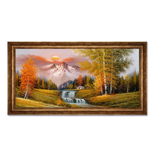 Tablou Inramat - Natura, Peisaj, Rau, Cascada, Munte, Copaci, Padure, Casuta, Toamna, Liniste, Apus de soare, Rama Auriu, 50 x 100 cm