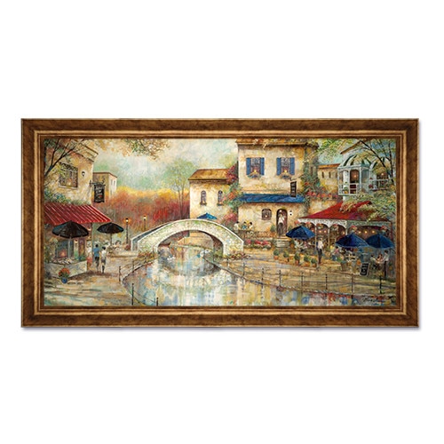 Tablou Inramat - Oras, Rau, Pod, Rau,Terasa, Bulevard, Rama Auriu, 50 x 100 cm