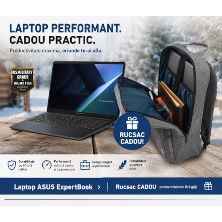 Laptop ASUS ExpertBook B1 B1503CVA-W11P, Intel Core 5 210H, 15.6 inch, RAM 16GB, SSD 512GB, Grafica Intel, Windows 11Pro, Gri pal + Rucsac casual pentru laptop B210, gri, de 15, 6 inch