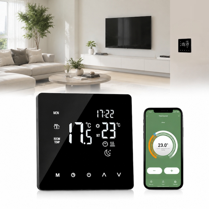 Termostat Inteligent WiFi pentru Incalzire in Pardoseala, Control Temperatura prin Aplicatie Tuya Smart, Compatibil Alexa si Google Home, Ecran Touch LED, Programare Saptamanala, Senzor Temperatura, 3600W, Negru