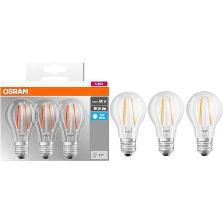 Set 3 becuri LED Osram Base Filament A60, E27, 6.5W (60W), 806 lm, lumina neutra (4000K), clasa energetica E