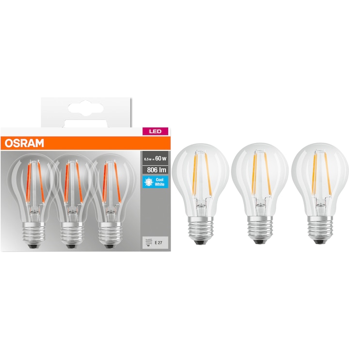 Set 3 becuri LED Osram Base Filament A60, E27, 6.5W (60W), 806 lm, lumina neutra (4000K), clasa energetica E