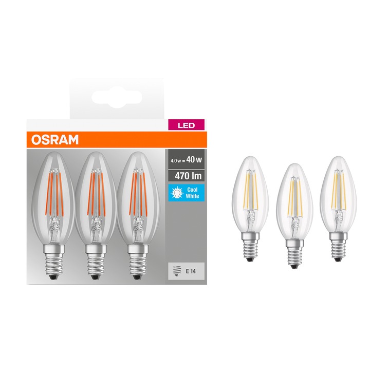 Set 3 becuri LED Osram Base Filament B40, E14, 4W (40W), 470 lm, lumina neutra (4000K), clasa energetica E