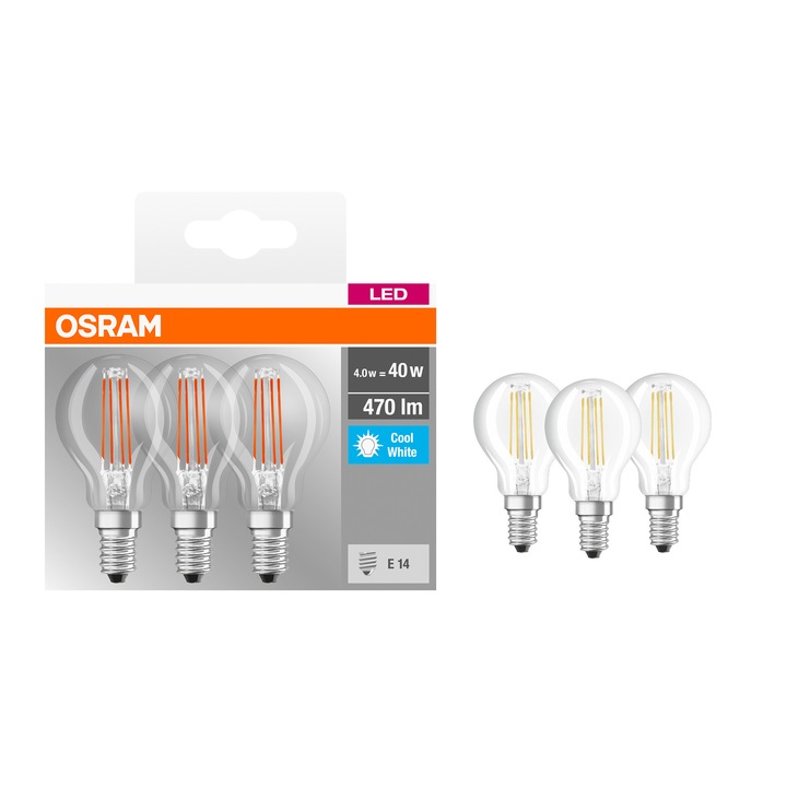 Osram LED izzó készlet, 3 darab, P40, E14, 4W (40W), 470 lm, A++, Hideg fény