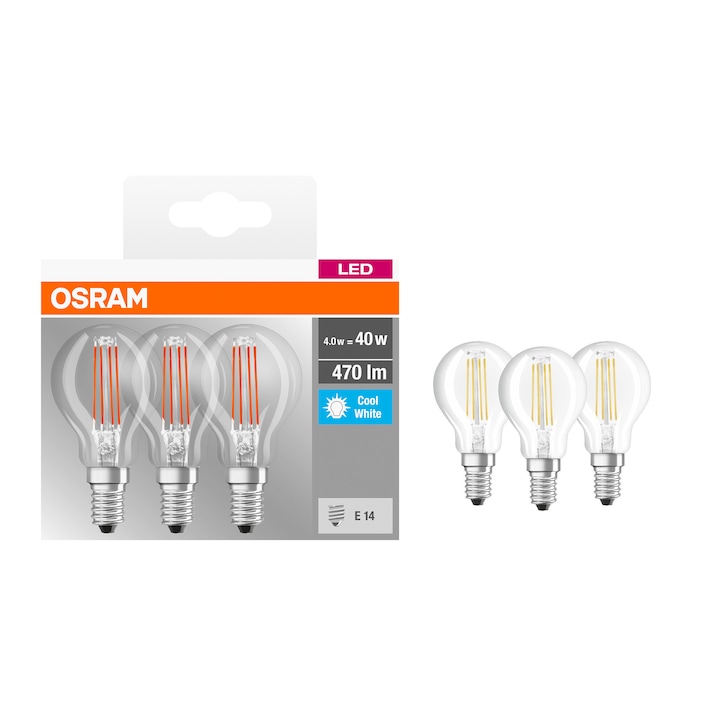 Set 3 becuri LED Osram P40, E14, 4W (40W), 470 lm, lumina rece, clasa energetica E