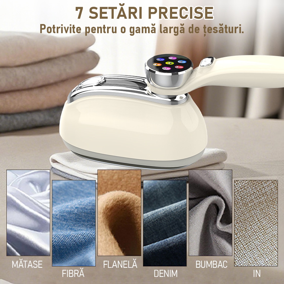 Fier de calcat portabil cu aburi, Yulinland, 1300W, 7 Moduri Reglabile, 160 ml, Afisaj LCD, Incalzire 5 Secunde, Vertical Si Orizontal, Functie Umeda/Uscata, Rotire 180°, Alb
