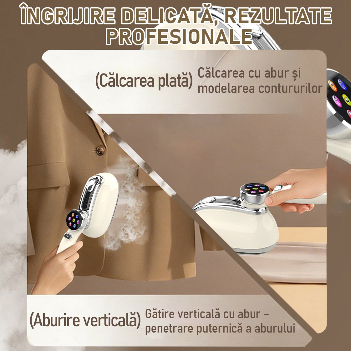 Fier de calcat portabil cu aburi, Yulinland, 1300W, 7 Moduri Reglabile, 160 ml, Afisaj LCD, Incalzire 5 Secunde, Vertical Si Orizontal, Functie Umeda/Uscata, Rotire 180°, Alb