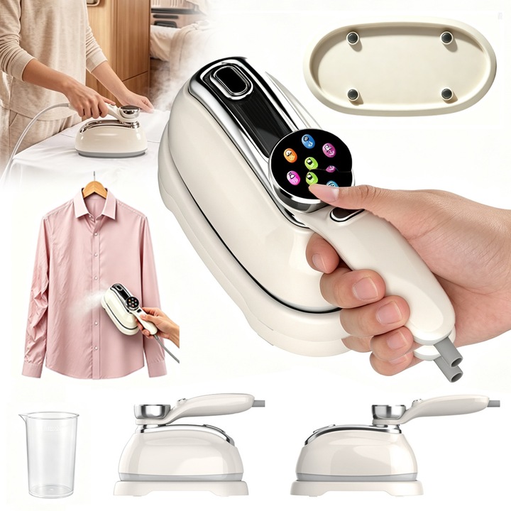 Fier de calcat portabil cu aburi, Yulinland, 1300W, 7 Moduri Reglabile, 160 ml, Afisaj LCD, Incalzire 5 Secunde, Vertical Si Orizontal, Functie Umeda/Uscata, Rotire 180°, Alb