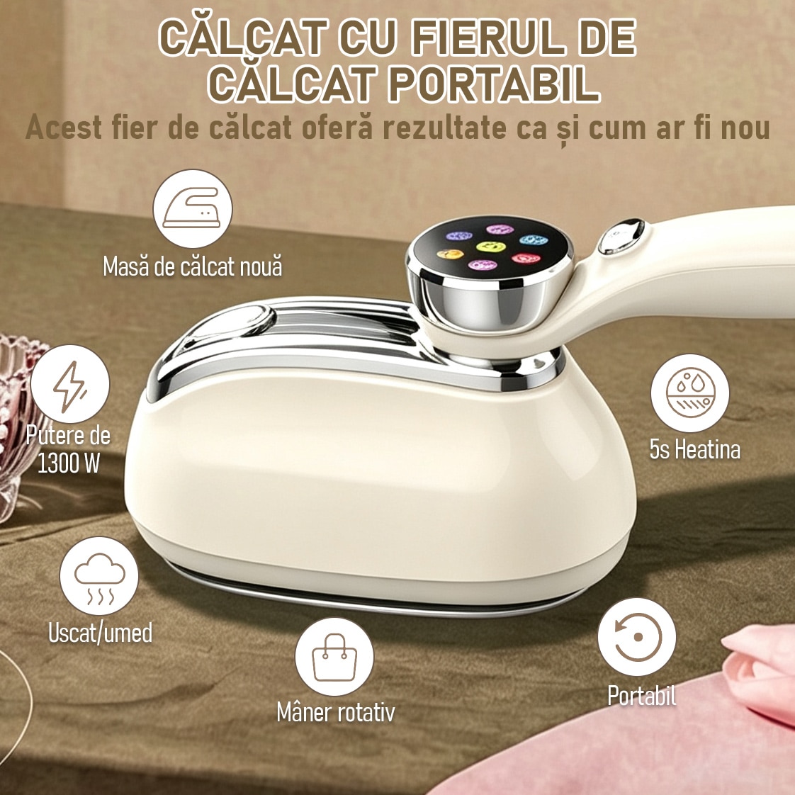 Fier de calcat portabil cu aburi, Yulinland, 1300W, 7 Moduri Reglabile, 160 ml, Afisaj LCD, Incalzire 5 Secunde, Vertical Si Orizontal, Functie Umeda/Uscata, Rotire 180°, Alb