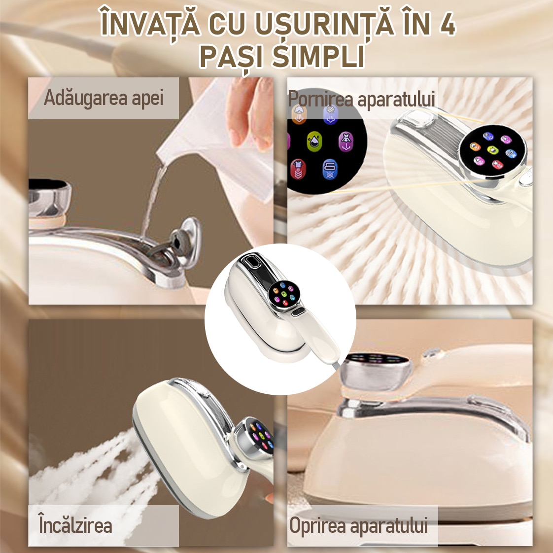 Fier de calcat portabil cu aburi, Yulinland, 1300W, 7 Moduri Reglabile, 160 ml, Afisaj LCD, Incalzire 5 Secunde, Vertical Si Orizontal, Functie Umeda/Uscata, Rotire 180°, Alb