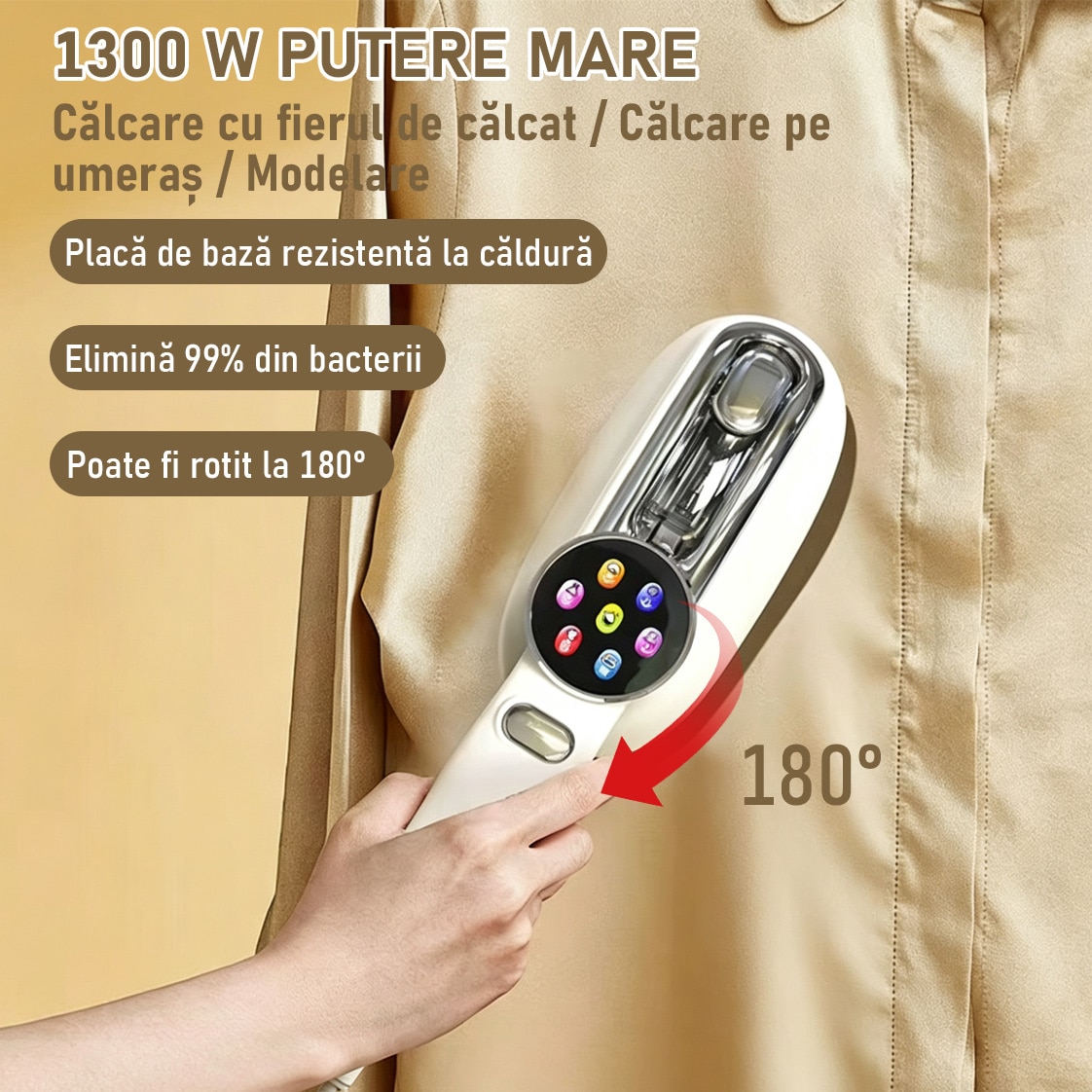 Fier de calcat portabil cu aburi, Yulinland, 1300W, 7 Moduri Reglabile, 160 ml, Afisaj LCD, Incalzire 5 Secunde, Vertical Si Orizontal, Functie Umeda/Uscata, Rotire 180°, Alb