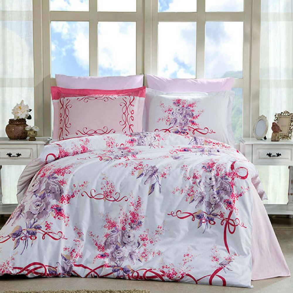 Lenjerie de pat bumbac 100%, RIBBON OF LOVE, pentru pat 2 persoane, 4 piese, 200x220 / 50x70, bumbac ranforce