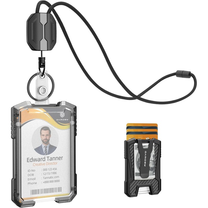 Suport Retractabil Carduri cu Lanyard si Inel Chei, Capacitate 5 Carduri