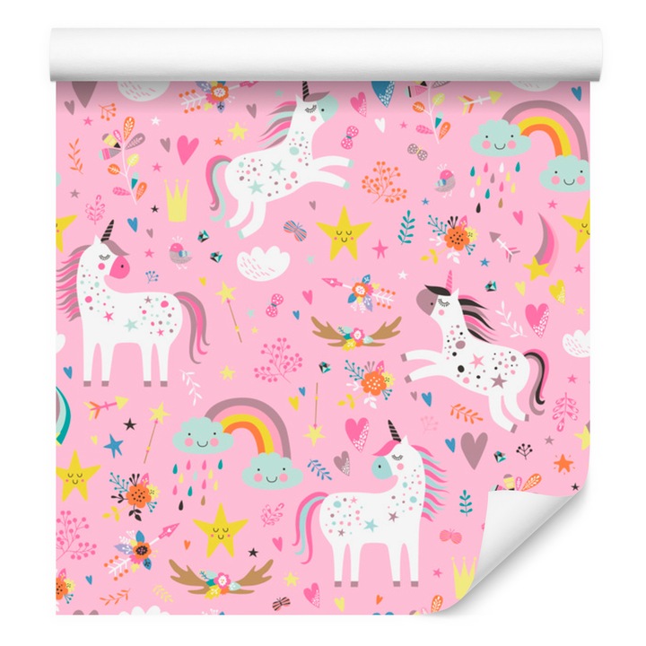 Tapet - Unicorni colorati magici, Decor de perete, Decor pentru copii, Stil jucaus, Pentru camera copilului, dormitor si living, Vlies, Finisaj mat, 50x1000 cm, Model 1210-193508
