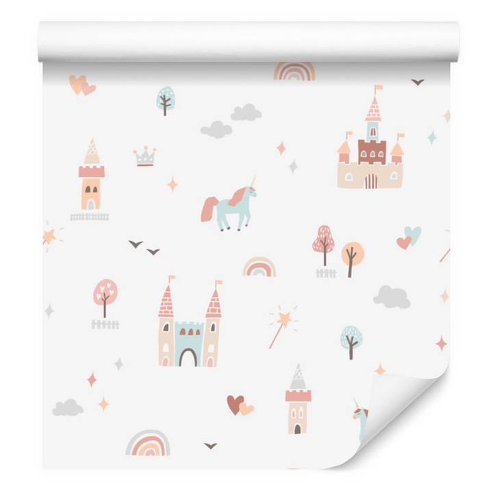 Tapet - Nori, curcubee, unicorni din basme, Decor de perete, Decor pentru copii, Stil jucaus, Pentru camera copilului, dormitor si living, Vlies, Finisaj mat, 50x1000 cm