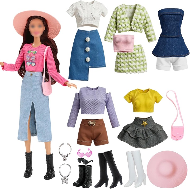 Set 15 Haine Accesorii Papusi 29 cm Barbie, 6 Tinute Noi