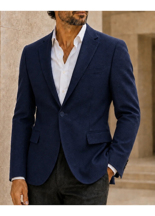 Мъжко сако с текстура Slim Fit, текстурирано, леко еластично за професионалисти и млади хора, подходящо за офис, срещи, вечери и партита, Тъмносин