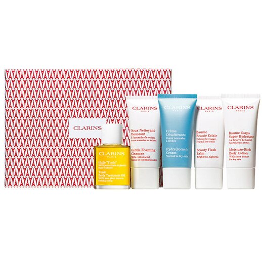 Set Clarins, French Beauty: Ulei tonic pentru corp, 30ml + Spuma curatare, 30ml + Crema HydraQuench, 30ml + Balsam Beauty Flash, 30ml + Lotiune hidratanta, 30ml