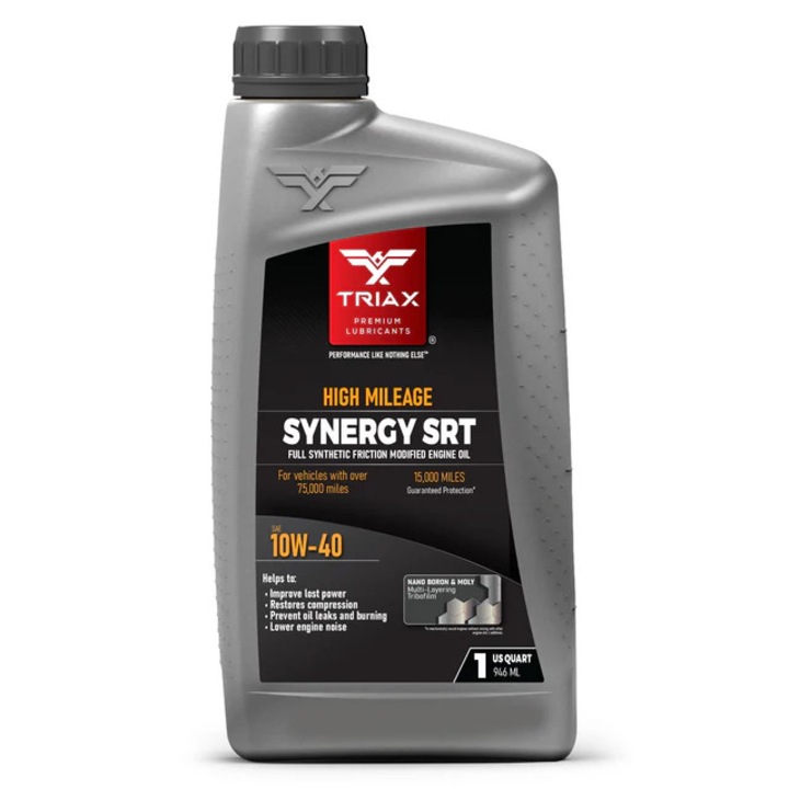Ulei de motor full-sintetic TRIAX Synergy SRT Full Synthetic 10W-40, Interval Schimb extins, Licentiat API SP, Protectie 3X Impotriva Uzurii, Formula cu Nano Bor si Molibden pentru Reducerea Frictiunii, Performanta Ridicata si Stabilitate Termica, 946 ml
