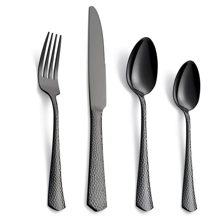 Set tacamuri 24 piese LR-20260824-26283, inox 430, maner cu model ciocanit, negru, 6 cutite, 6 furculite, 6 linguri, 6 lingurite, lavabil la masina de spalat