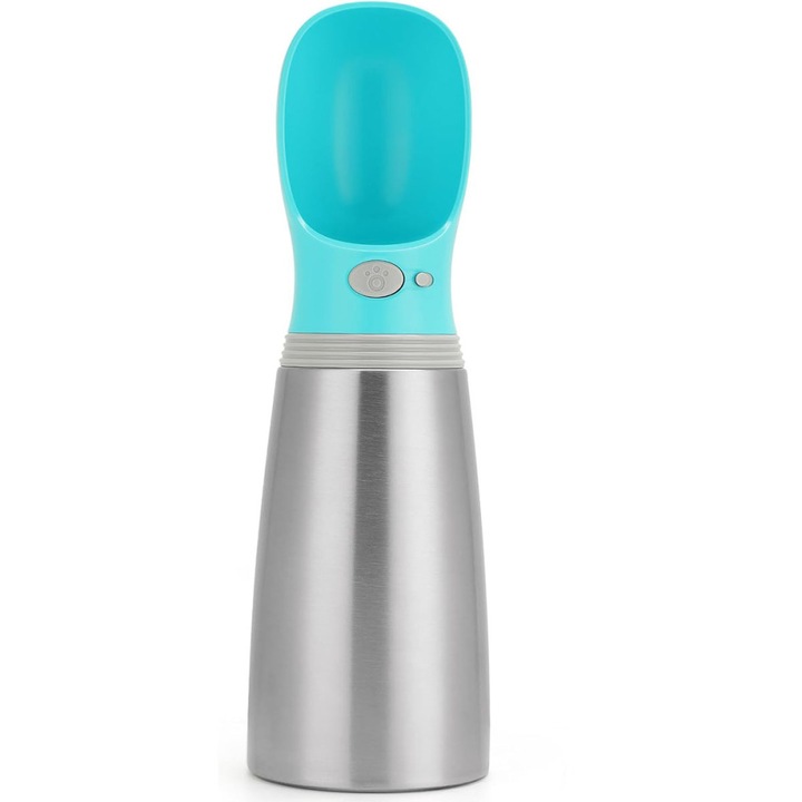 Sticla portabila pentru caini LR-20260824-28820, inox, 700 ml, cu bol integrat si buton de eliberare, etansa, cupa silicon, turcoaz/argintiu