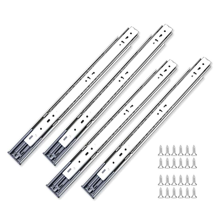Glisiere pentru sertar LR-20260824-28822, telescopice cu rulmenti cu bile, extragere completa, 45 mm latime x 350 mm lungime, set 4 perechi, argintiu, cu suruburi