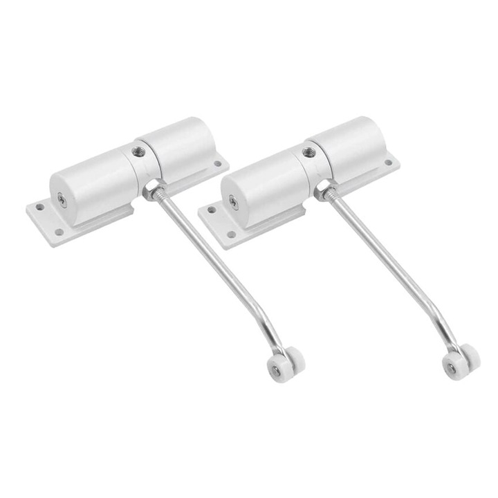 Set 2 inchizatoare automate pentru usa LR-20260824-28827, reglabila, pentru usi pana la 40 kg, include placi de montaj si suruburi, alb/argintiu