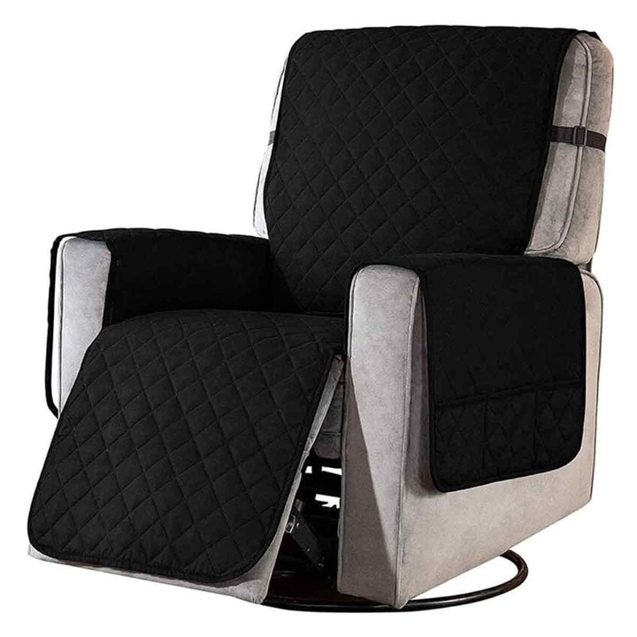 Protectie pentru fotoliu recliner LR-20260824-28825, material impermeabil, cu buzunar pentru telecomanda, rezistenta la zgarieturi, negru, marime S