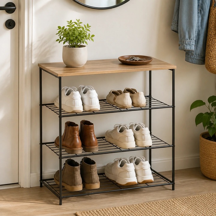 Pantofar HASEPE® Metalic cu Raft din Lemn, 3 Rafturi pentru Incaltaminte, 60x30x63 cm, Pantofar pentru Hol si Intrare, Cadru Metalic Perforat, Pantofar cu Blat din Lemn, Dulap Pantofi Compact, Dulap Pantofi pentru Depozitare, Dulap Pantofi Modern