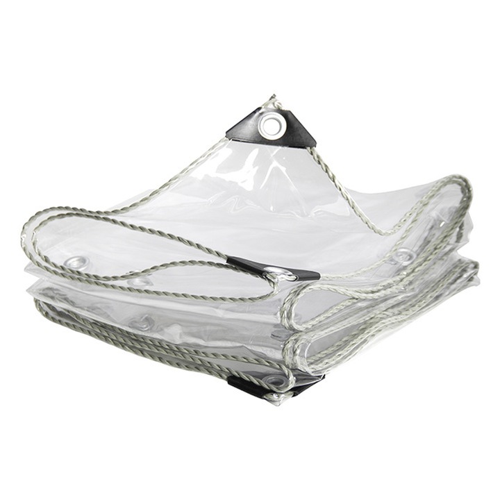 Prelata transparenta din PVC pentru pergola, 360 g/m², grosime 0.35 mm, cu ochiuri metalice integrate, impermeabila, 2 x 2 m