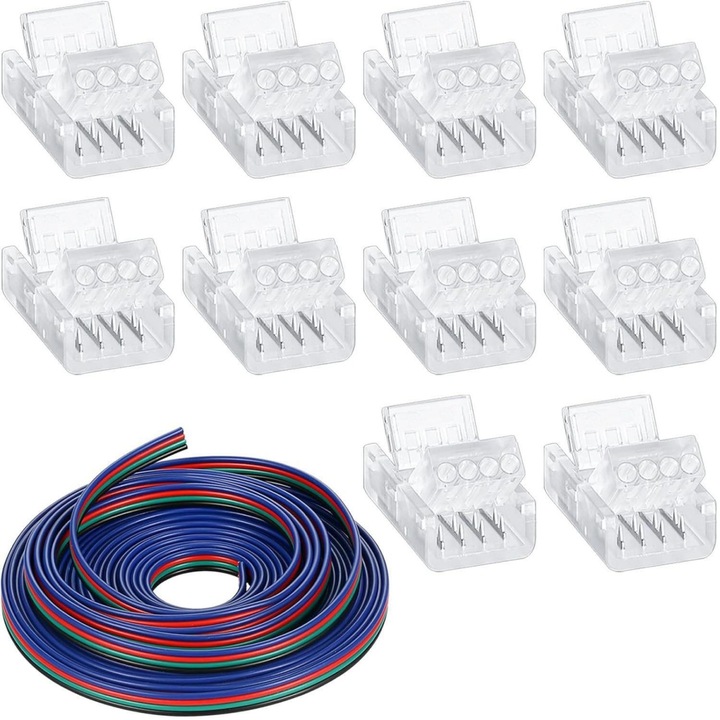 Конектор 4-пинов за LED RGB лента LR-20260824-29307, съвместим 10 мм, 5V/12V/24V, без запояване, 10 бр. + удължителен кабел 5 м 22 AWG, многоцветен