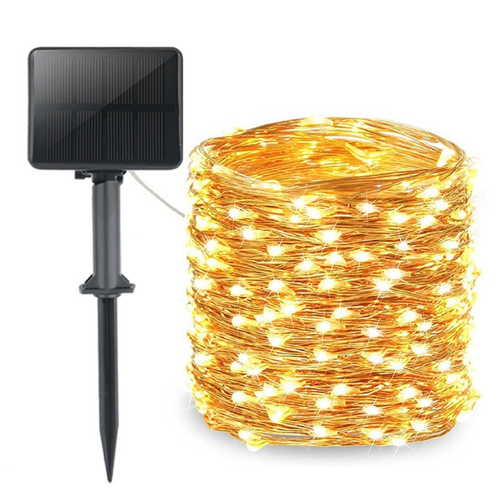 Соларна LED гирлянда LR-20260824-29317, 100 микро LED, медна жица 10 м, топло бяла светлина, IP65, 8 режима с функция памет, автономност 8–12 ч