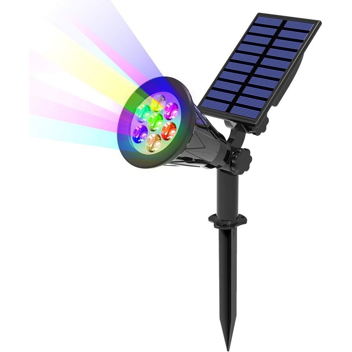 Външна соларна лампа LR-20260824-29293, 7 LED RGB многоцветни, 320 lm, IP65, регулируем соларен панел на 180° и глава на лампата на 90°, автоматично включване/изключване, монтаж на стена/земя, автономност 8–10 ч