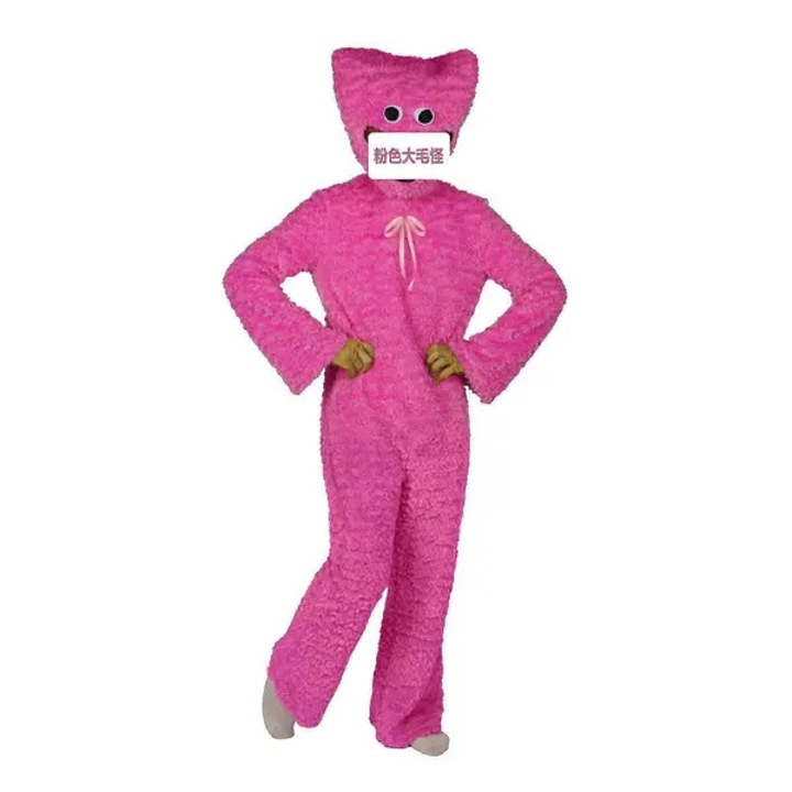 Costum cosplay Huggy Wuggy din poliester, set 3 piese (cap, costum integral, manusi), roz, marimi S-XXXL