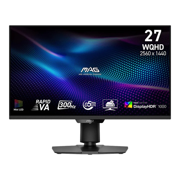 Monitor Gaming MSI MAG 274QPF X30MV, 27", QHD (2560×1440), Rapid VA, Mini-LED (1152 Zones), 300Hz, 0.5ms (GTG), 400 cd/m², DisplayHDR 1000, Flicker-Free, Low Blue Light, Adaptive-Sync, 2× HDMI 2.1, DP 1.4a, Audio Out, HAS, Pivot, Swivel, Tilt, VESA, Negru