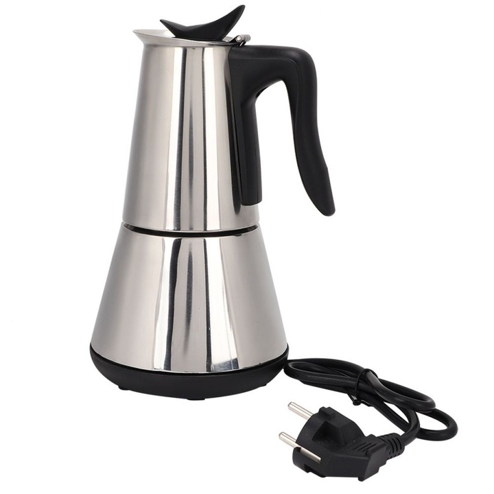 Cafetiera electrica tip Moka TENZHVXI 0811BM-BSTY00134156, otel inoxidabil 304, 300 ml, priza UE 220-240V