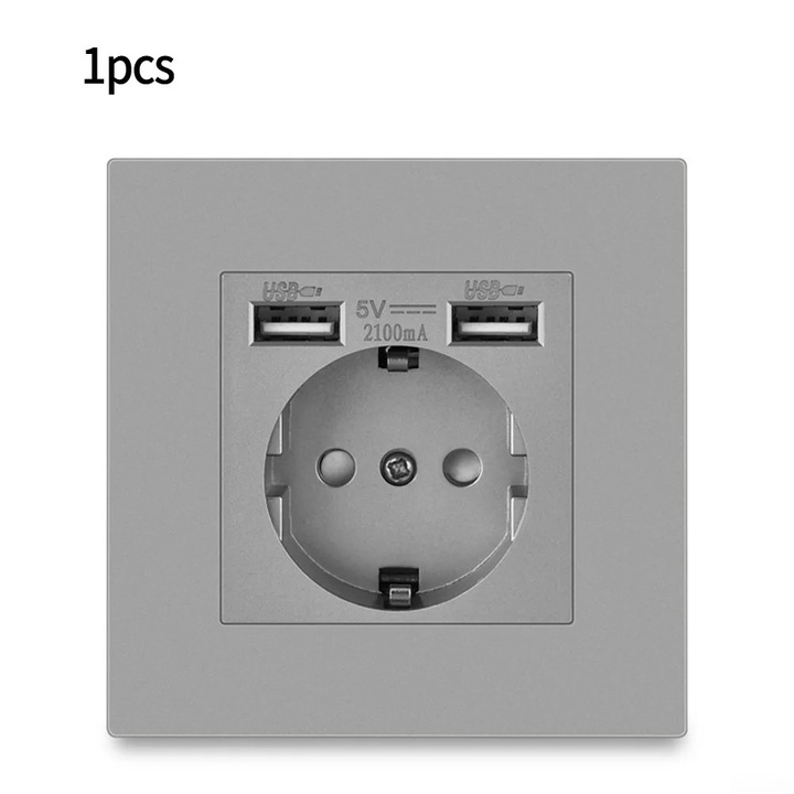 Priza de perete YANYXR BCS3087482, priza UE 16A 250V cu 2 porturi USB 5V 2.1A (2100mA), material PC, gri, 86 x 86 mm
